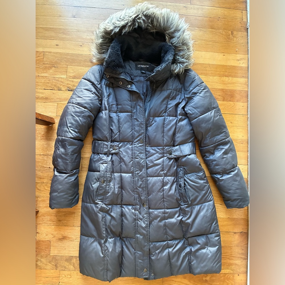 Liz Claiborne Gray Puffer Coat with Faux Fur Trim